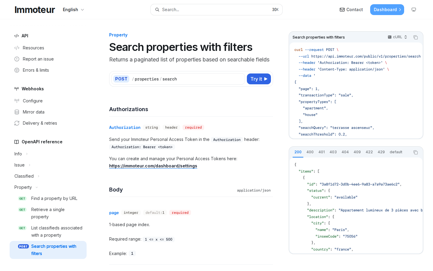 A screenshot of the Mintlify reference for POST /properties/search, showing documented request and response examples.