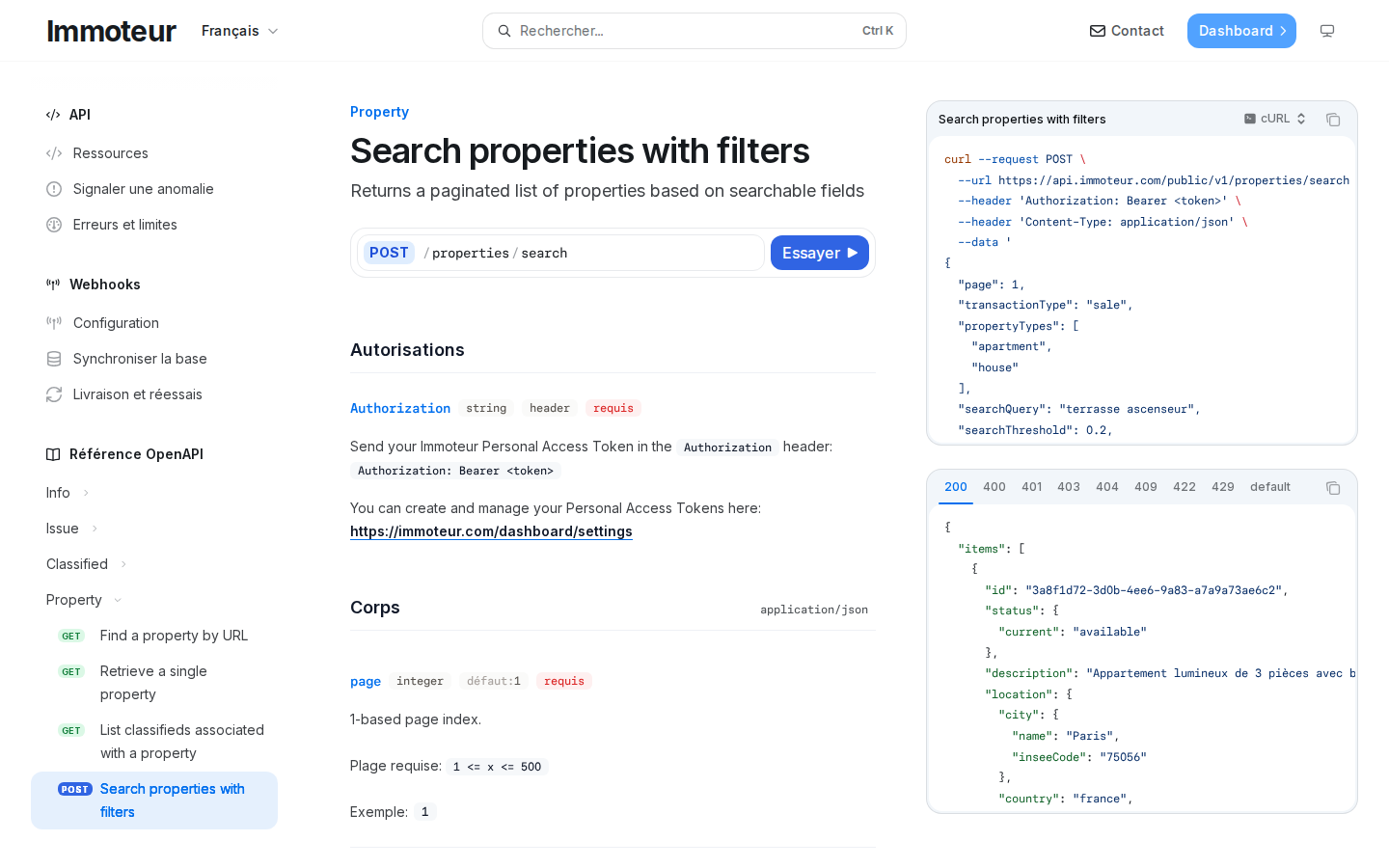 Capture de la référence Mintlify pour POST /properties/search, avec ses exemples documentaires de requête et de réponse.