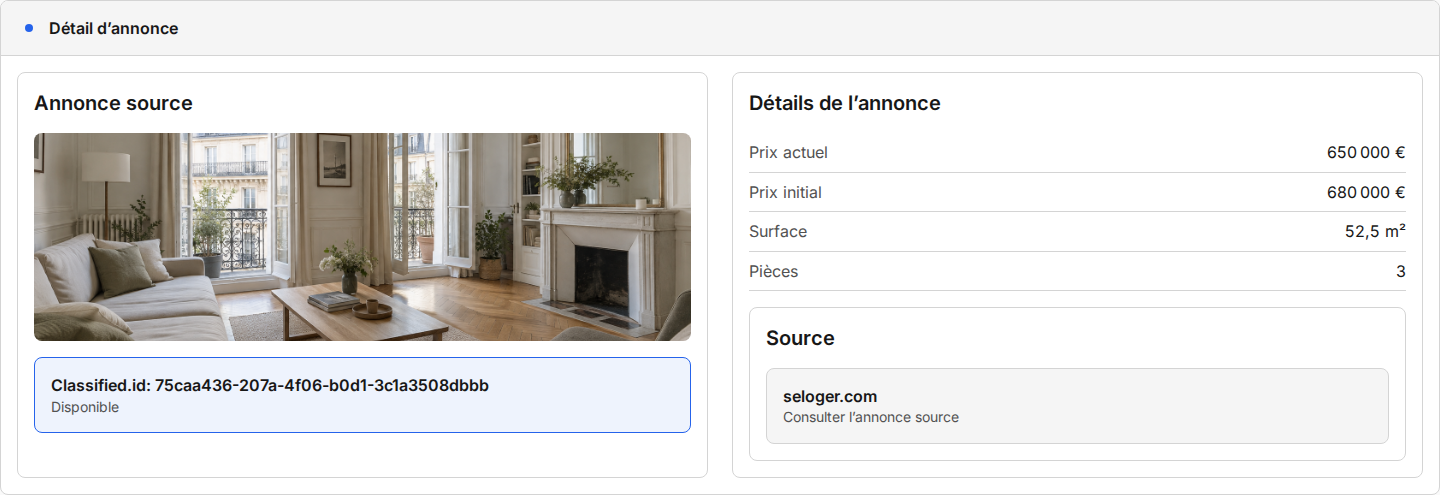 Application de consultation d’une annonce source seloger.com disponible, avec un prix actuel de 650 000 €, un prix initial de 680 000 €, une surface de 52,5 m², trois pièces, une action pour consulter l’annonce source et une photo d’appartement.
